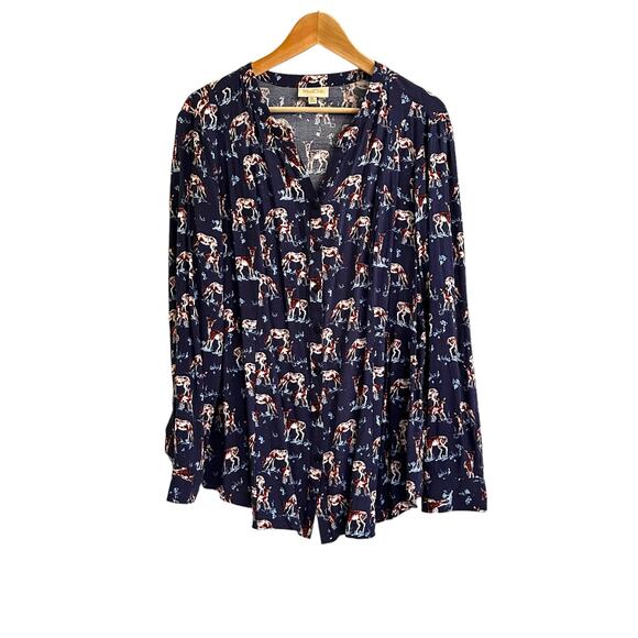 Modcloth Trusty Travel Deer Print Button Down Back Peplum Shirt V-neck XL Blue - Picture 2 of 9